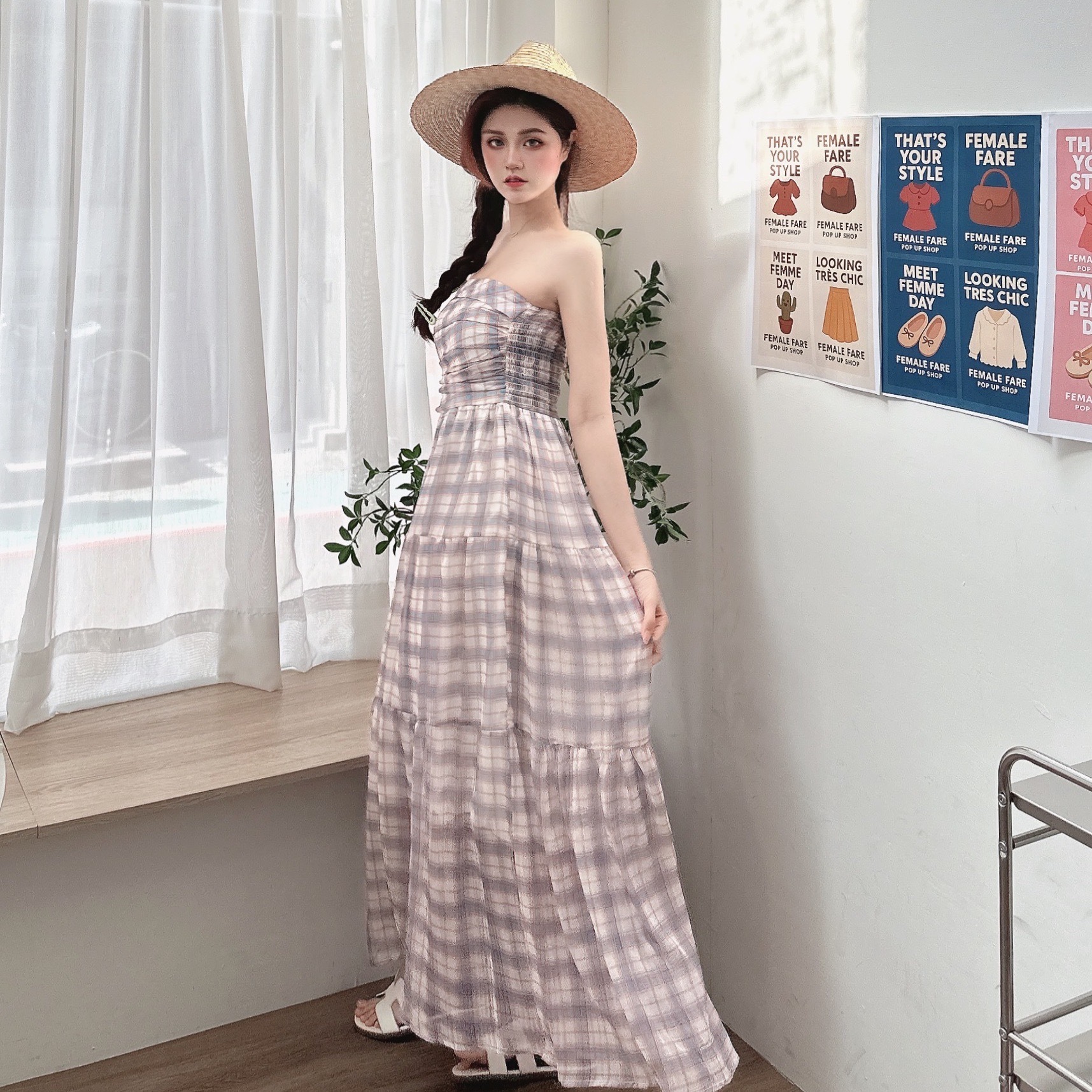 飄逸感格紋平口洋裝/二色