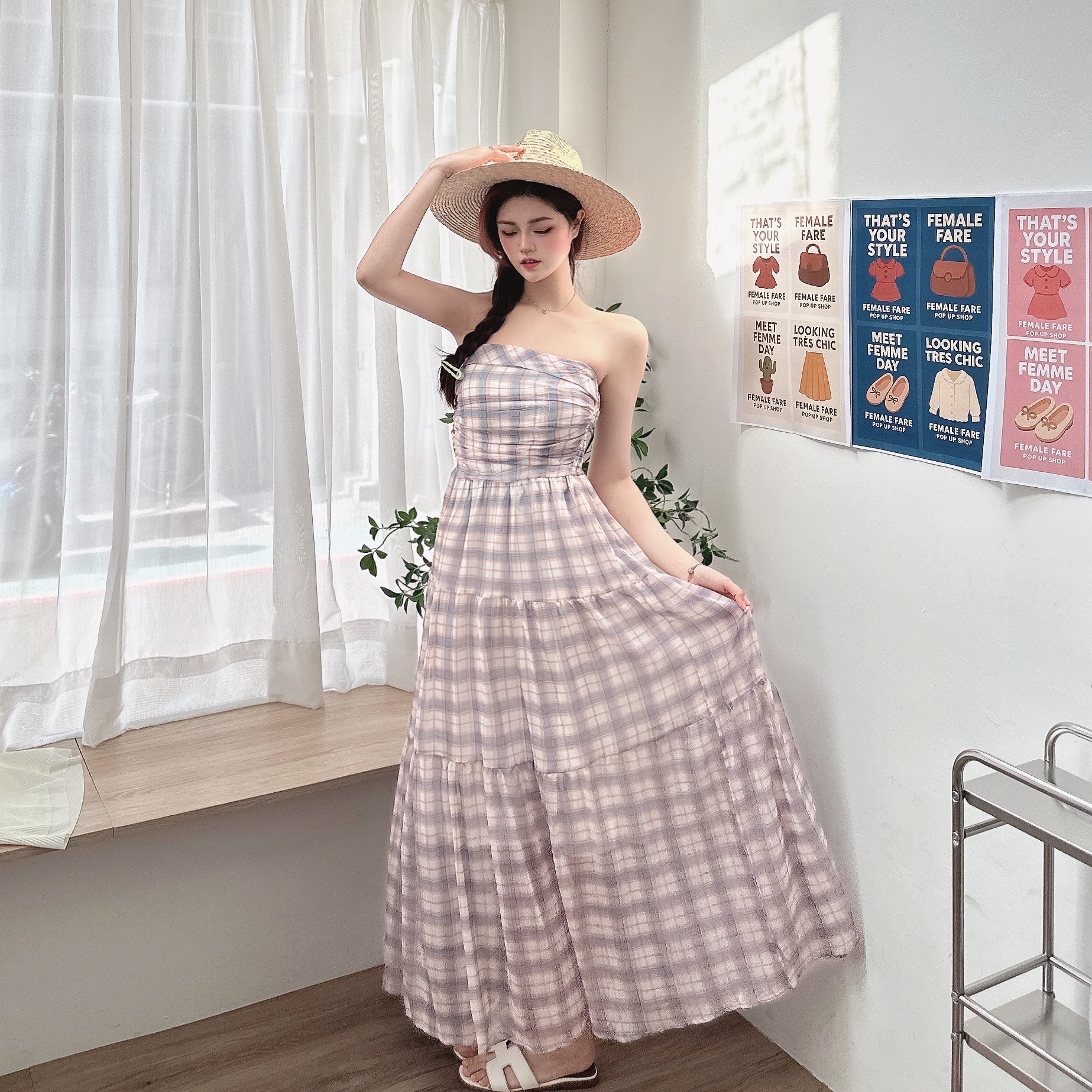 飄逸感格紋平口洋裝/二色