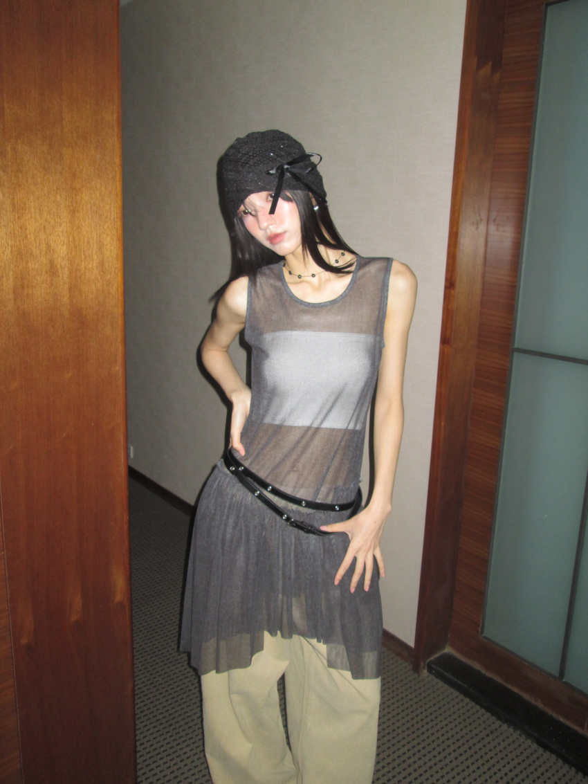 asym sheer dress with cut-out back