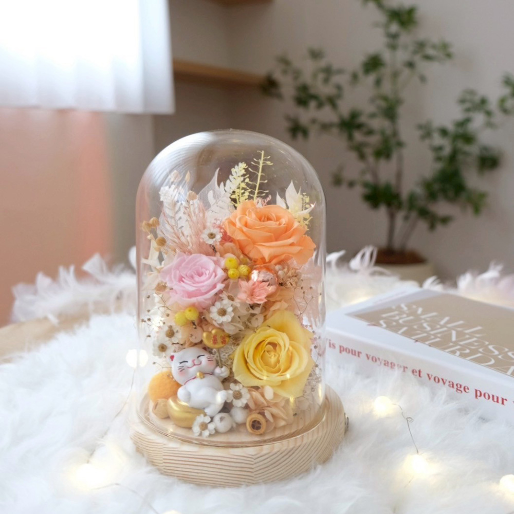 招財貓系列 / 長型玻璃罩永生花 橘粉黃色系