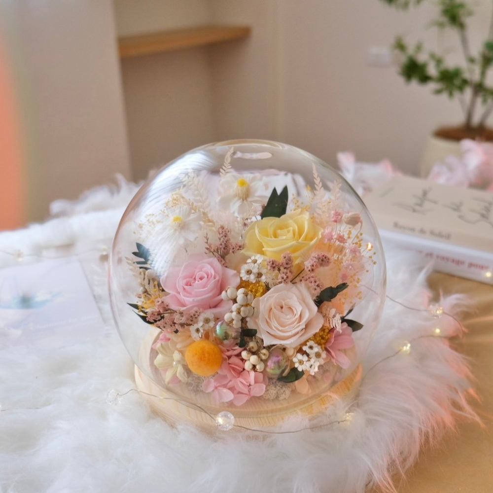 20公分永生花豐富花園玻璃球 / 黃粉白色系