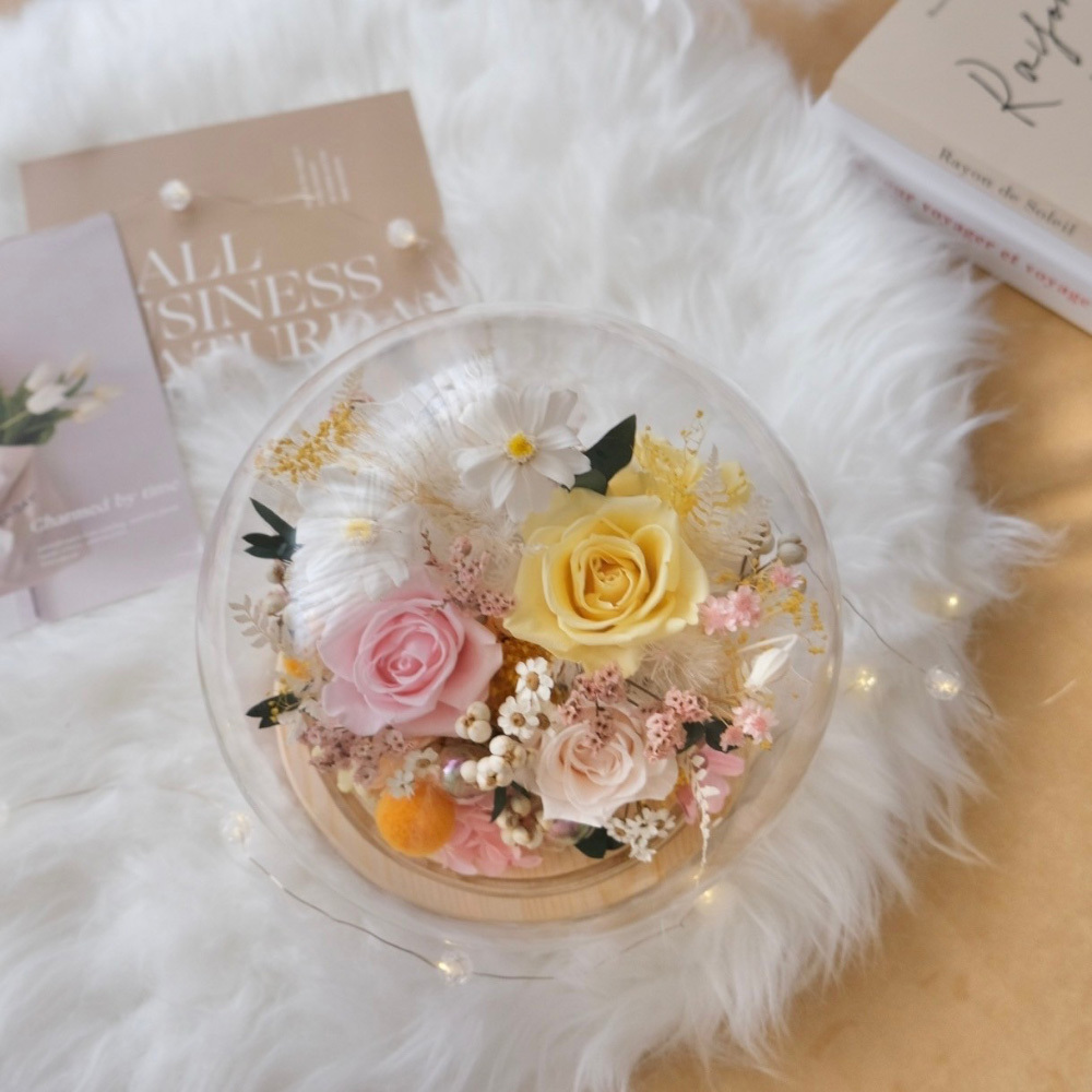 20公分永生花豐富花園玻璃球 / 黃粉白色系