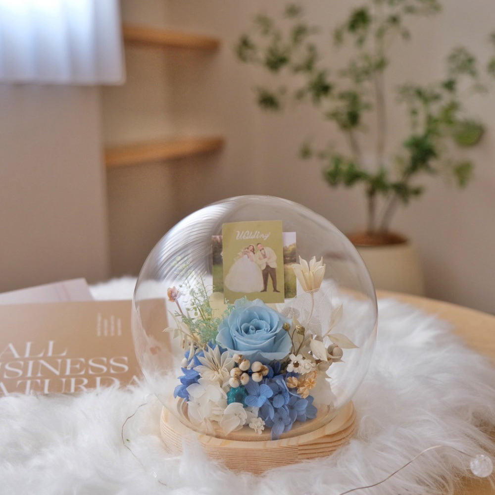 15公分圓球玻璃罩 / 單朵天藍大玫瑰（可放照片）