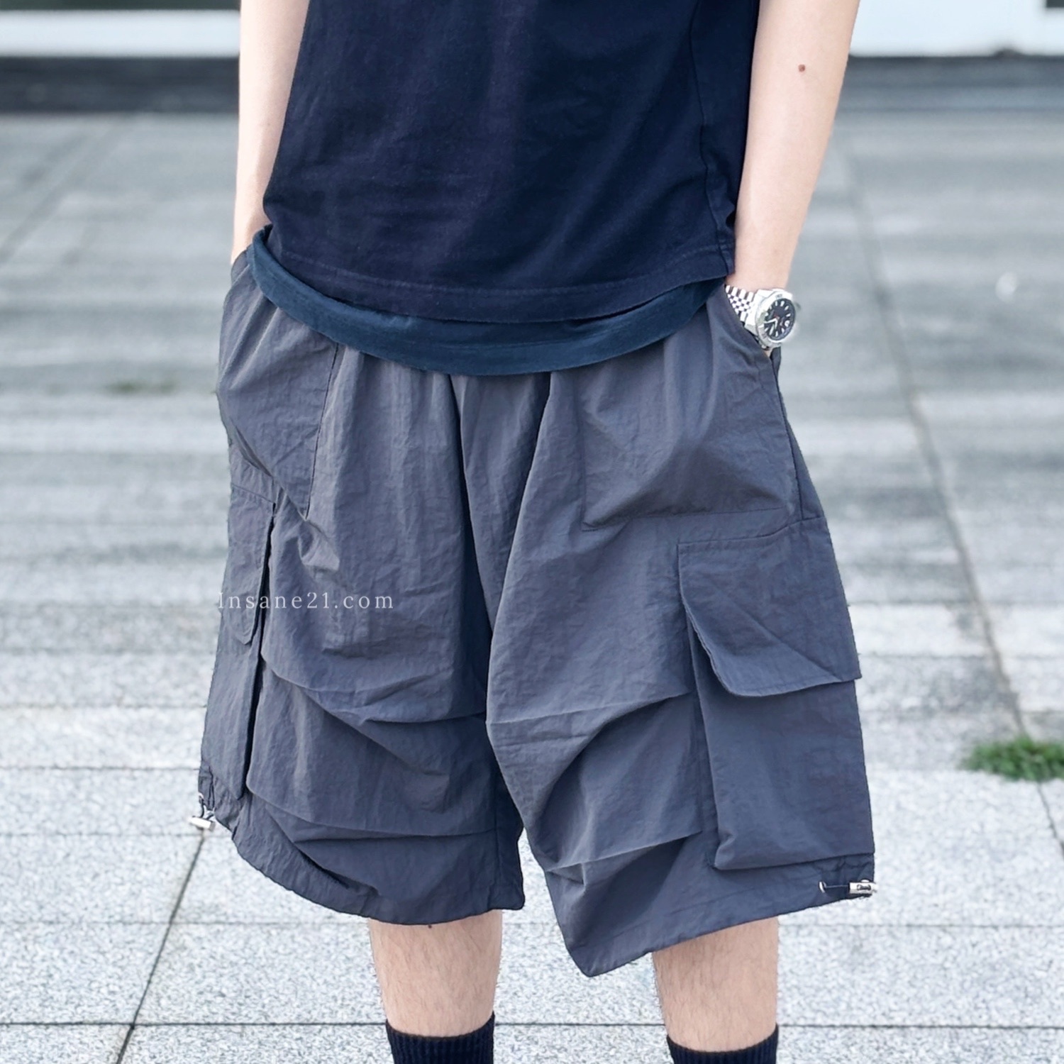 涼感 工裝風 短褲 抽繩 膝下褲 三色 淺灰//深灰//黑