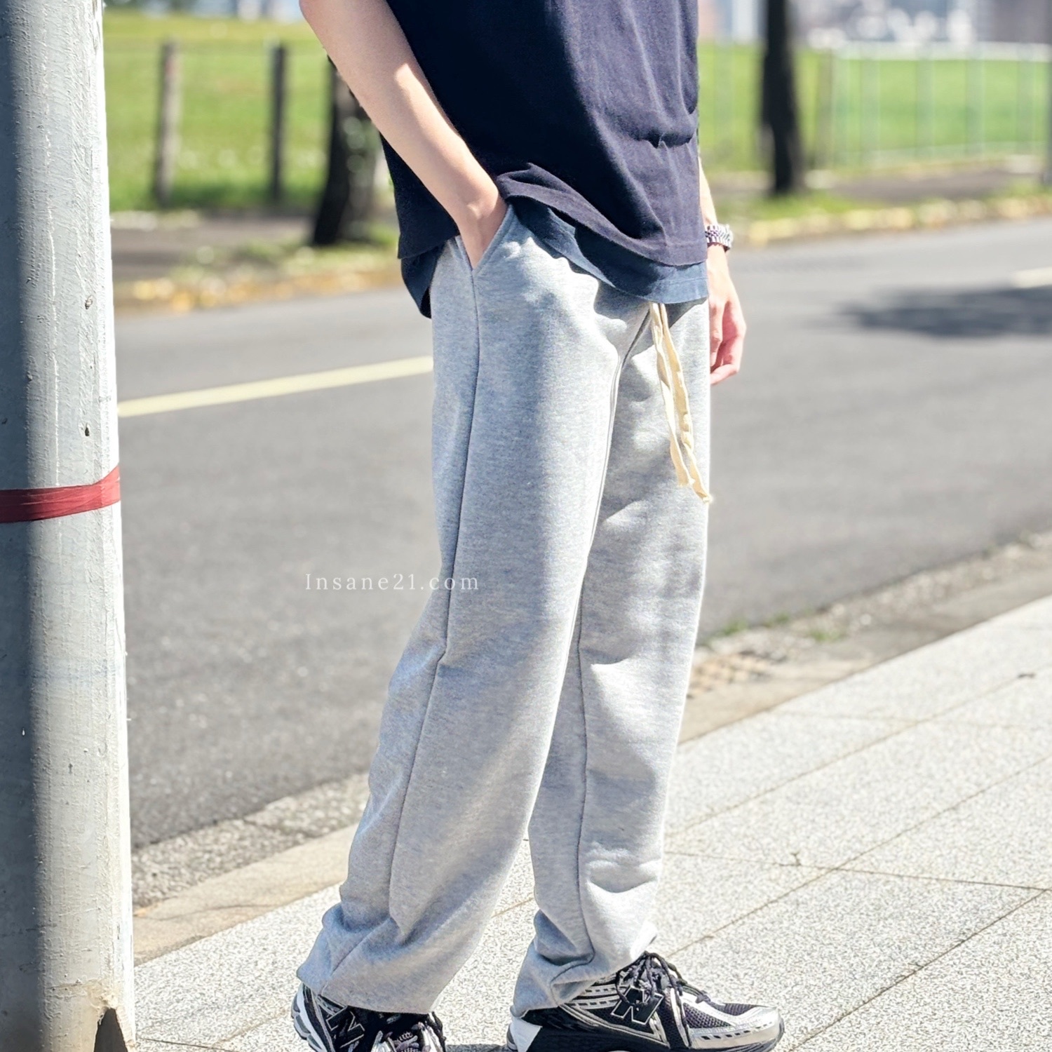 不收邊棉長褲 抽繩 鬆緊 休閒 黑//灰