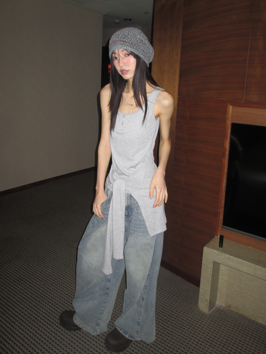 soft draped cotton vest with tie waist