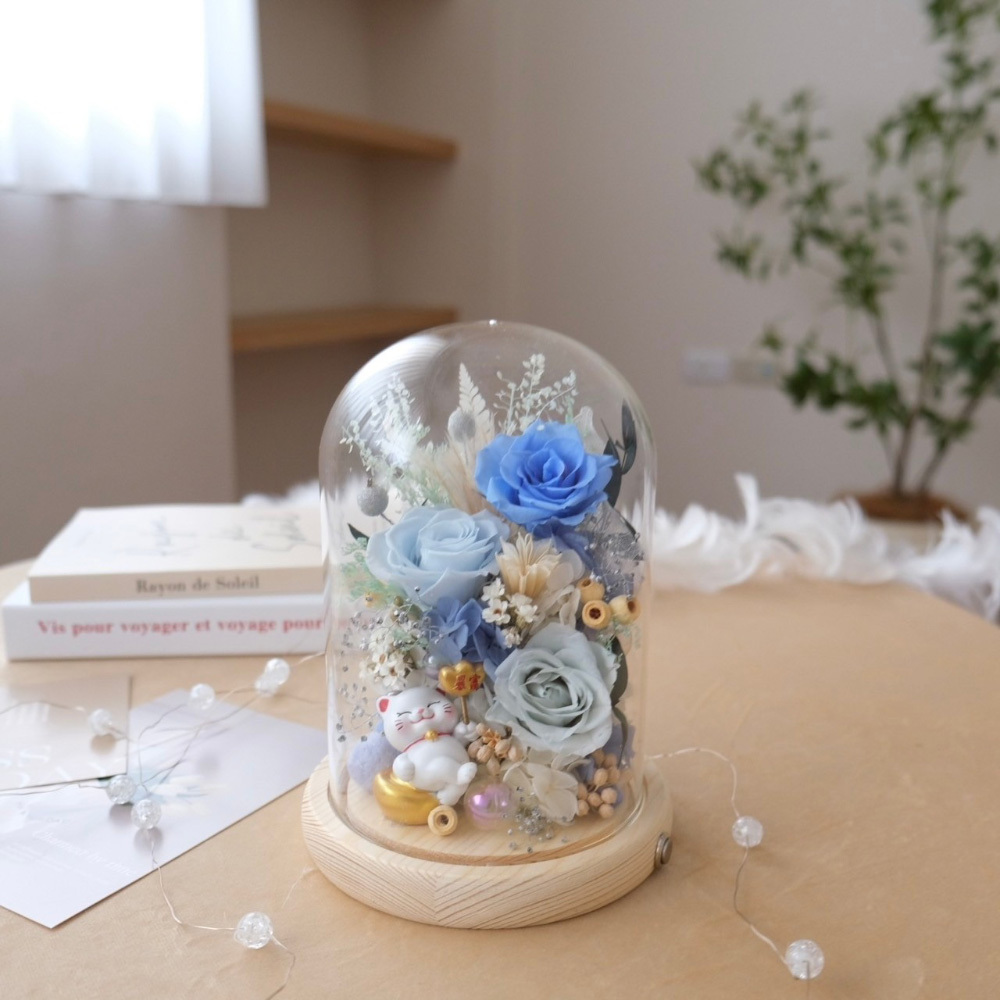 招財貓系列 / 長型玻璃罩永生花 天藍色系