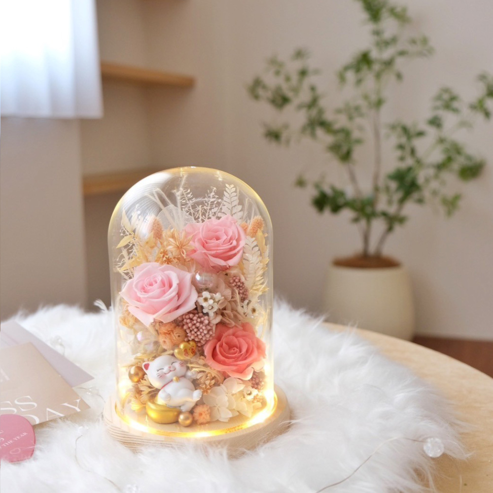 招財貓系列 / 長型玻璃罩永生花 淺粉色系