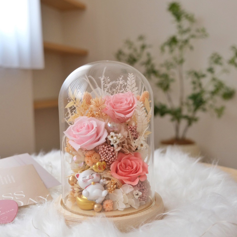 招財貓系列 / 長型玻璃罩永生花 淺粉色系