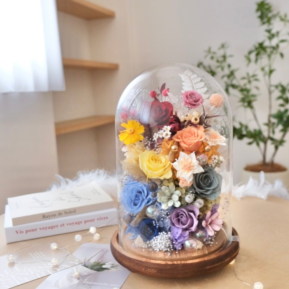 18 x 28 cm 長型玻璃罩永生花 / 彩虹系列