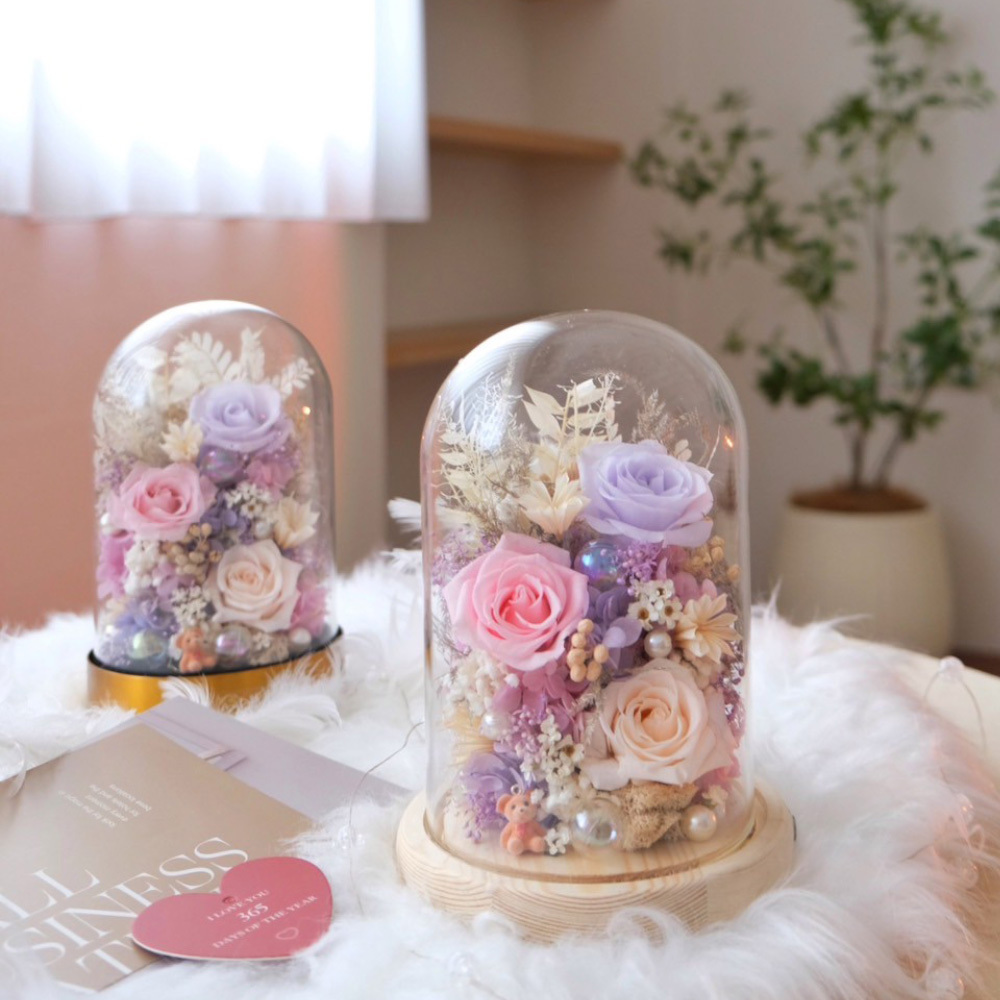 長型玻璃罩小夜燈 粉紫色系永生花