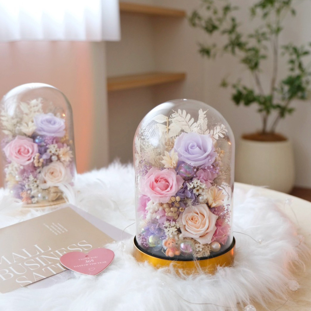 長型玻璃罩小夜燈 粉紫色系永生花