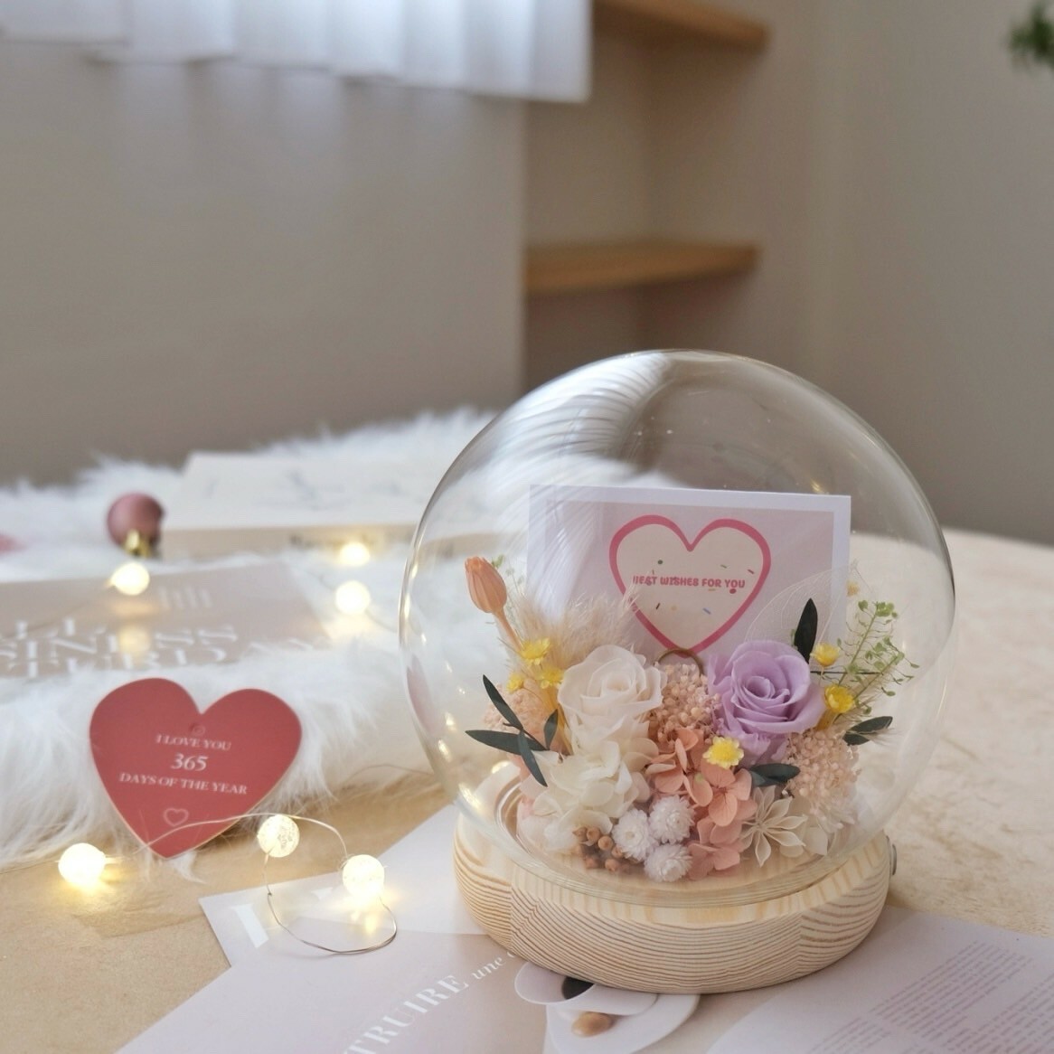 15公分玻璃球永生花 / 奶油紫 (可放照片)