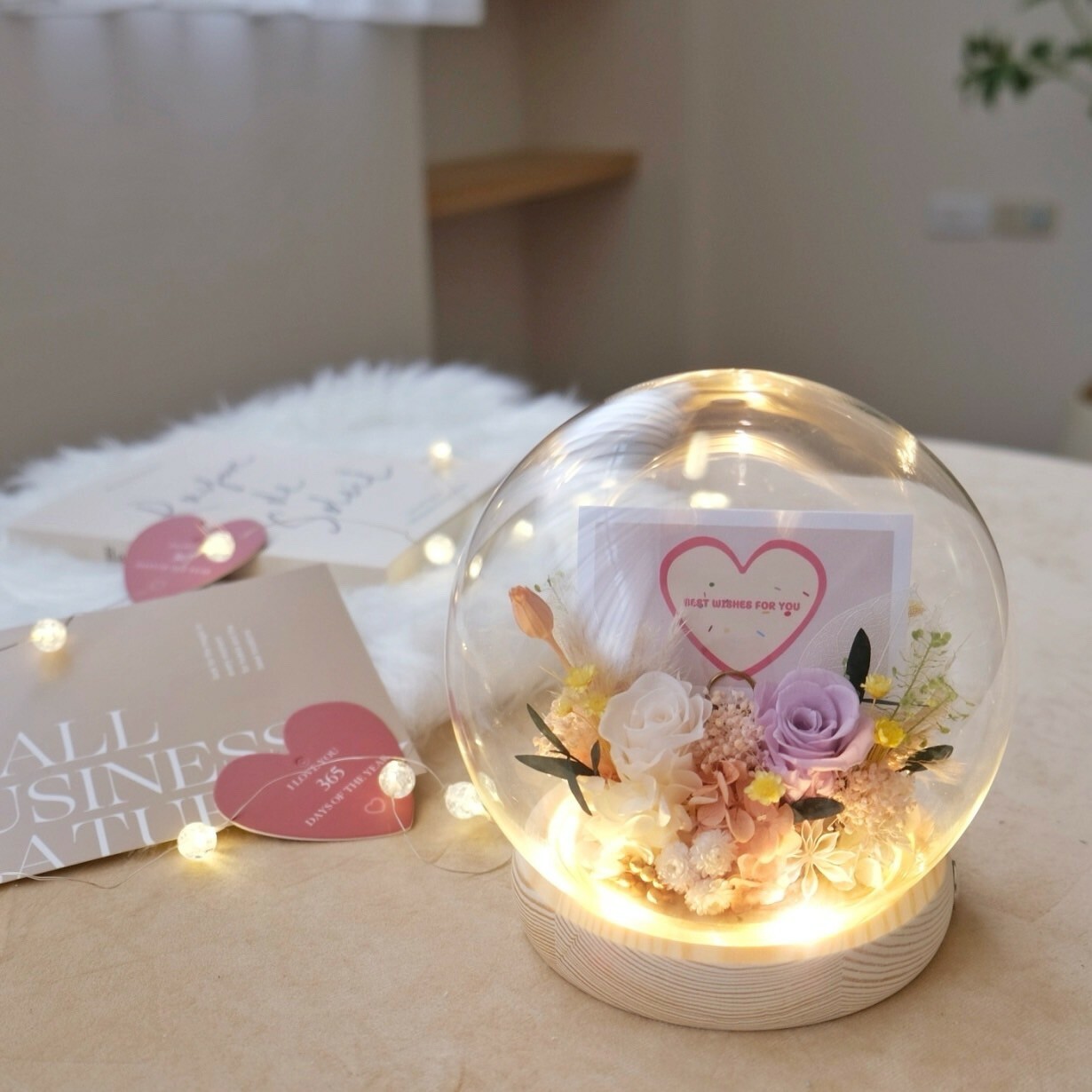 15公分玻璃球永生花 / 奶油紫 (可放照片)