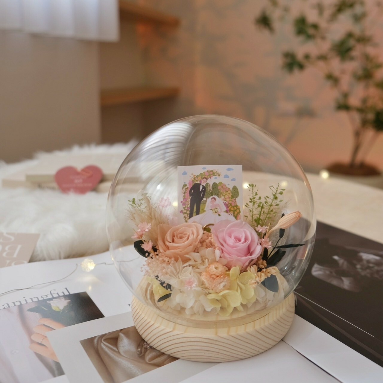 15公分圓球玻璃罩 / 奶茶粉色系（可放照片）