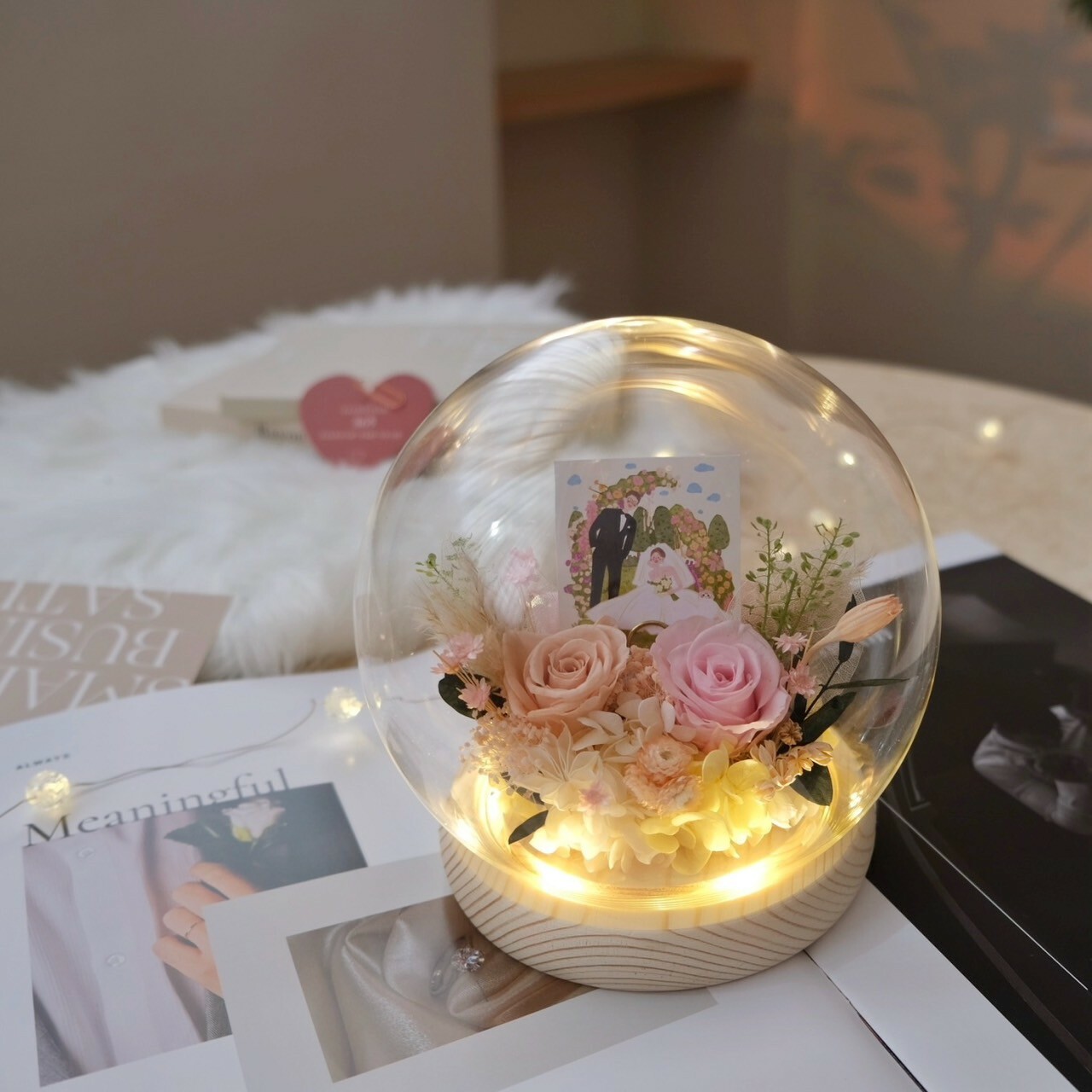 15公分圓球玻璃罩 / 奶茶粉色系（可放照片）