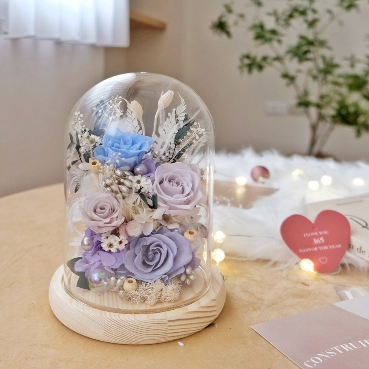 長型玻璃罩小夜燈 淺灰、藍、紫色系永生花