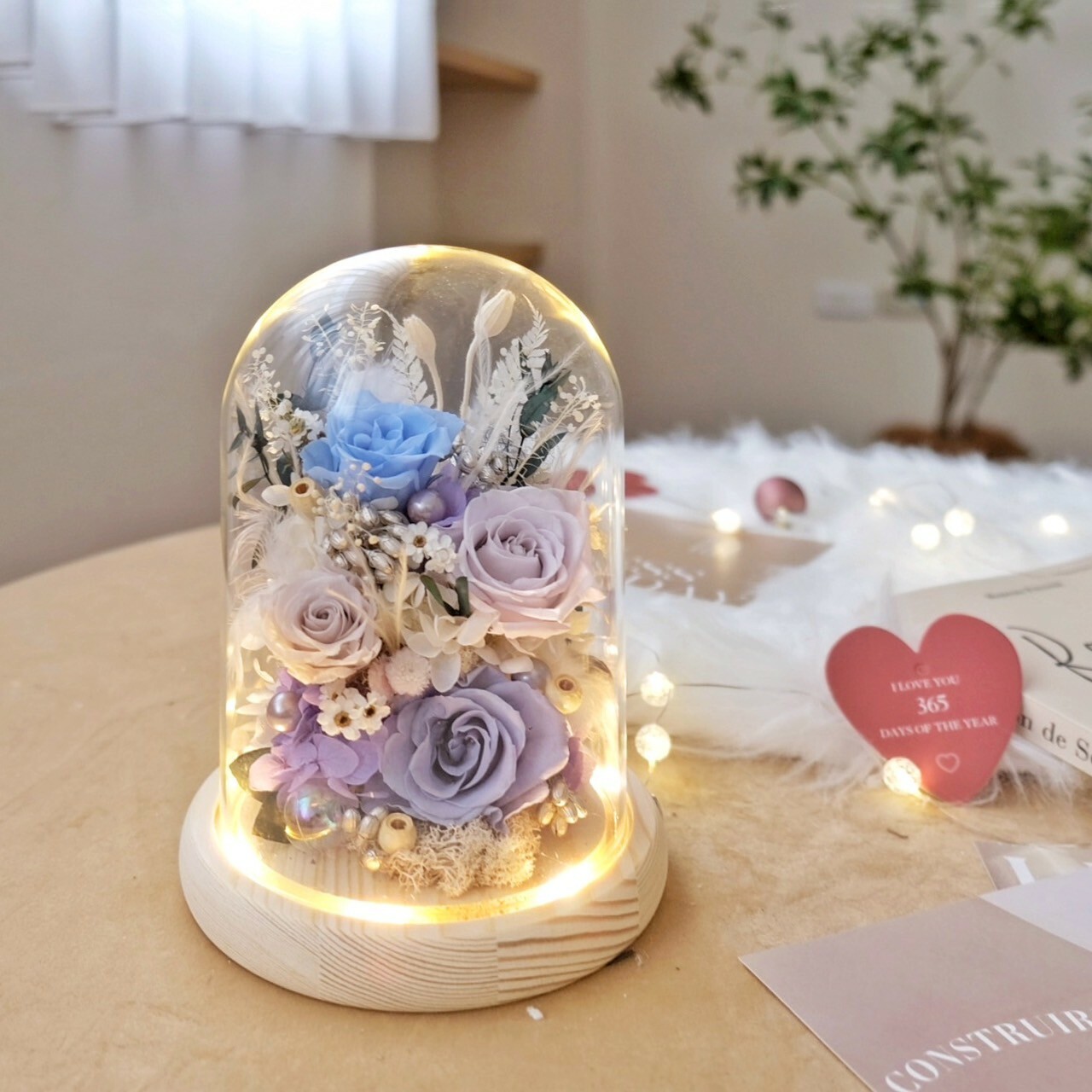 長型玻璃罩小夜燈 淺灰、藍、紫色系永生花