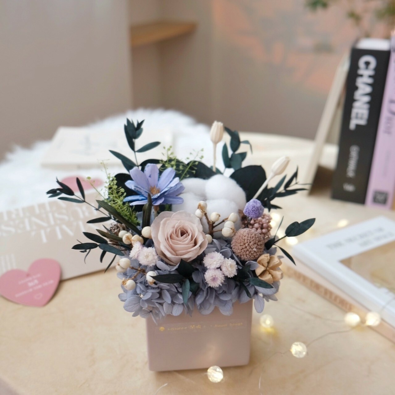 方型永生小盆花 莫蘭迪藍