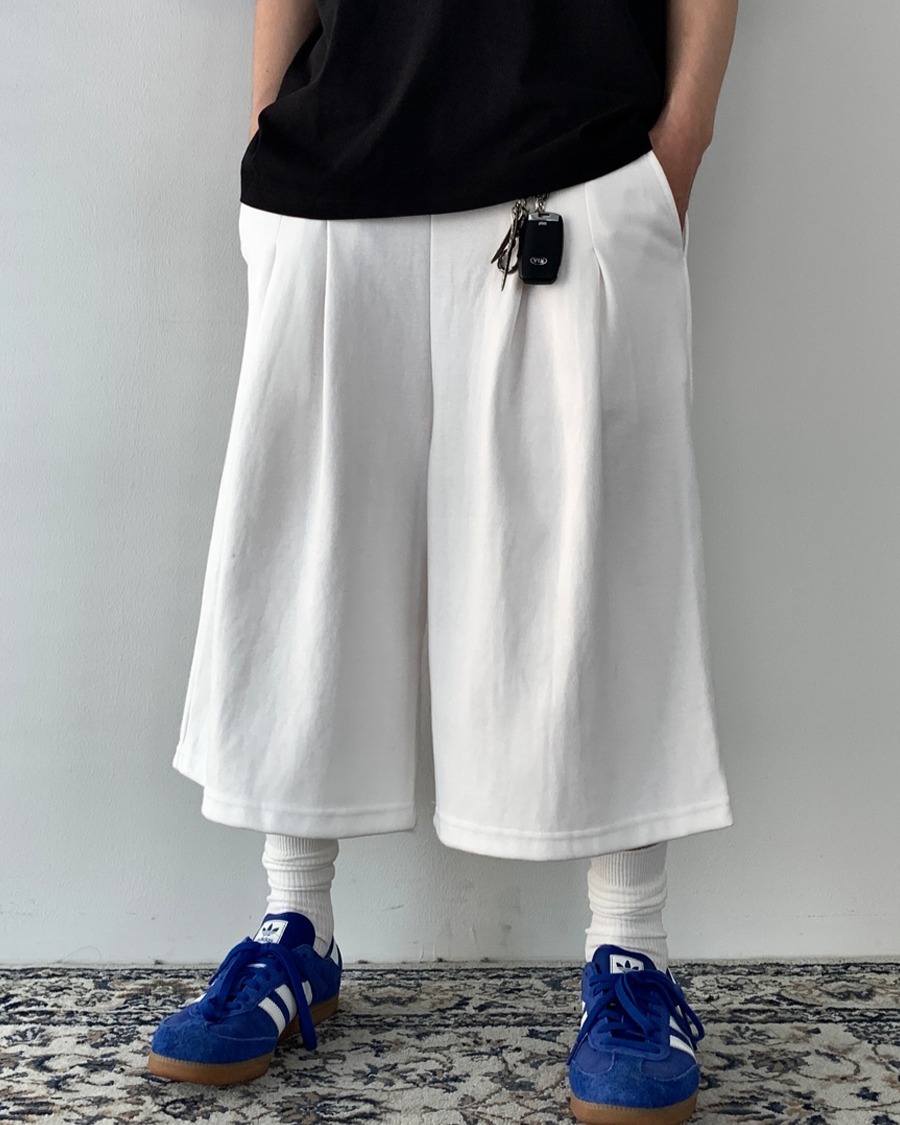 鬆緊腰雙褶設計闊腿寬鬆休閒七分褲