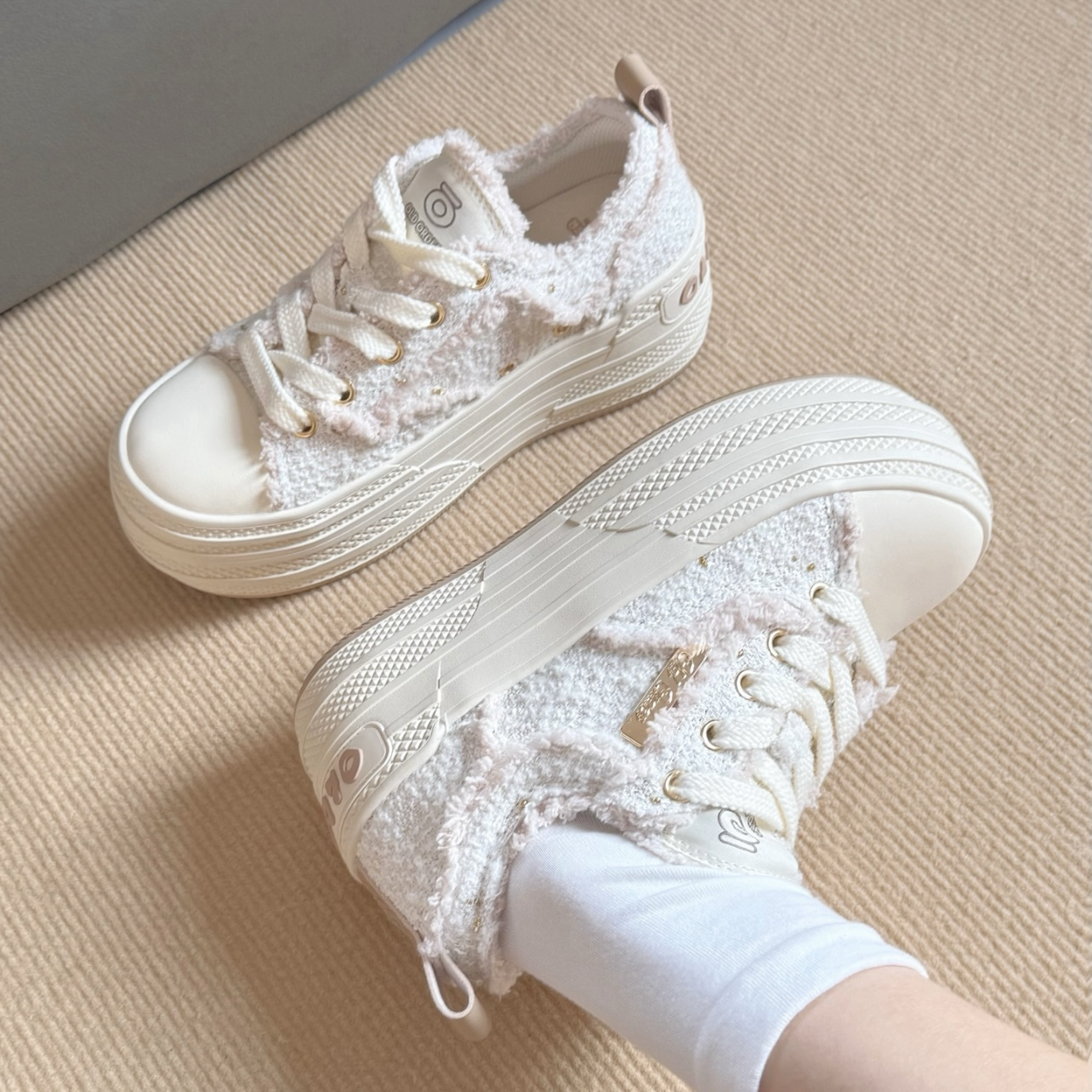 OLD order Canvas 毛呢 小香風 增高7cm 帆布鞋 厚底鞋 黑白 白粉金