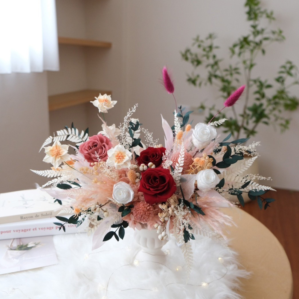 古典高腳花翁永生盆花 經典紅粉永生花