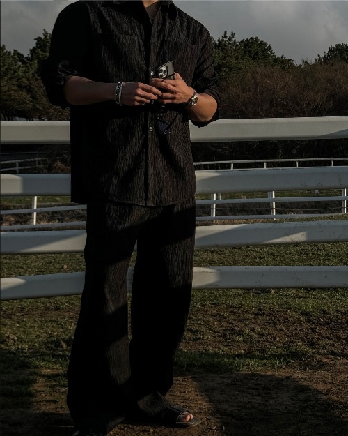 水洗褶皺襯衫 休閒褲套裝