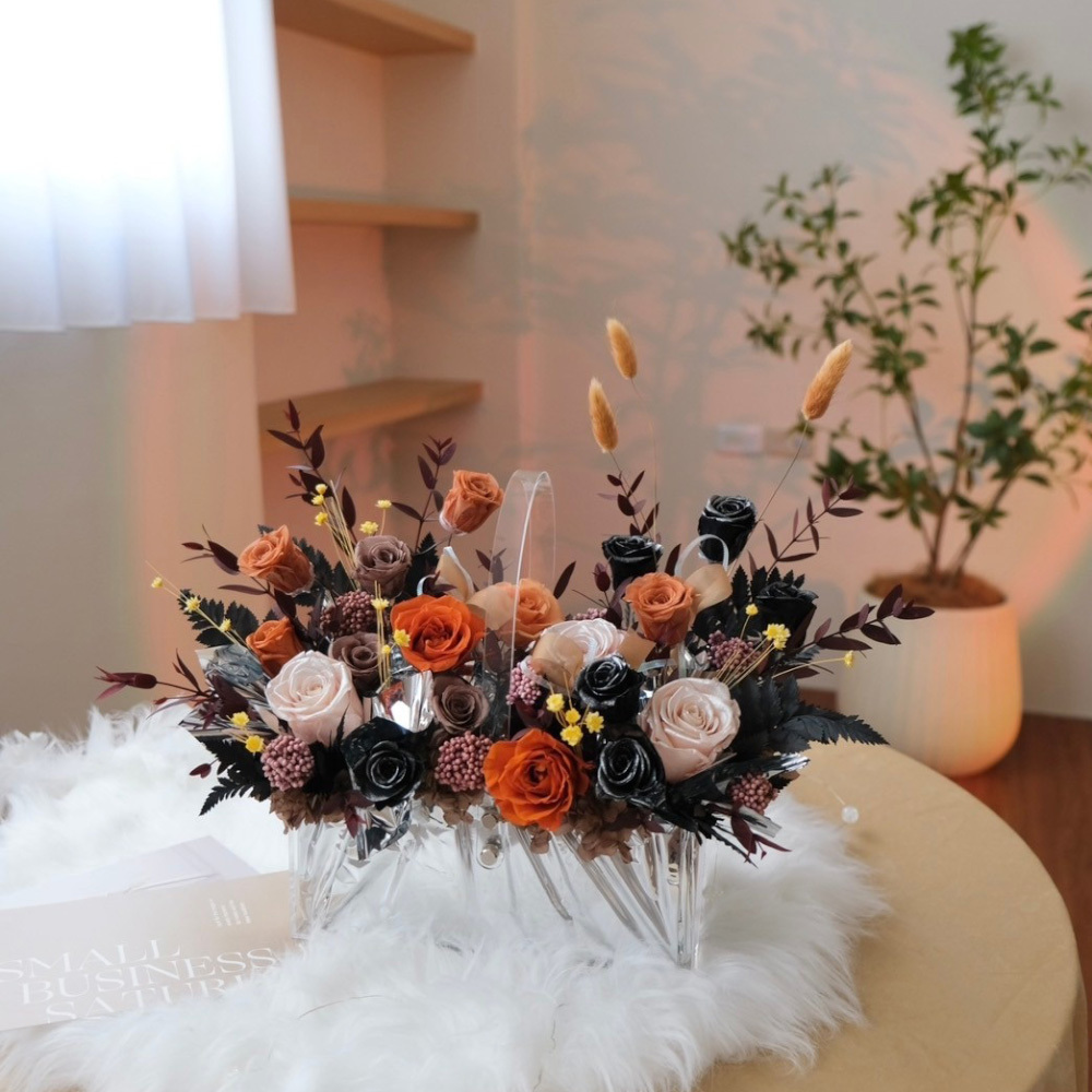 品牌形象訂製壓克力永生花提盒 酒水禮盒 / 橘黑色系