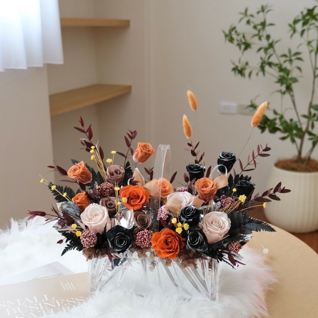 品牌形象訂製壓克力永生花提盒 酒水禮盒 / 橘黑色系