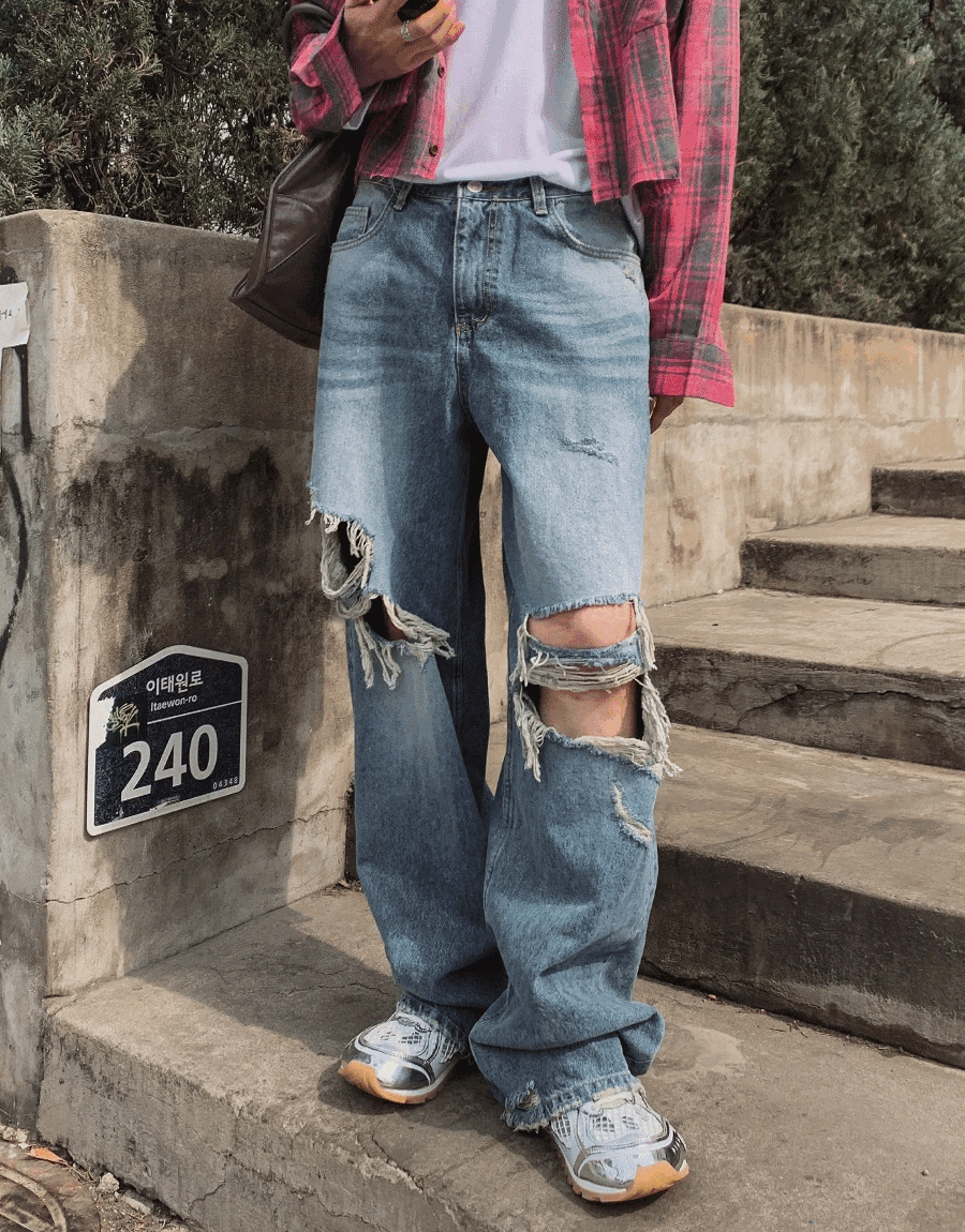 波西米亞風破洞寬牛仔褲