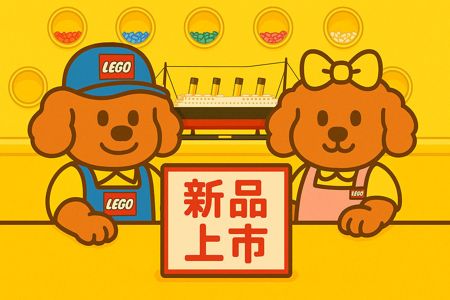 馬可與LULU在飛米樂高店展示新品上市，後方陳列樂高鐵達尼號