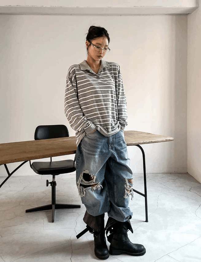 波西米亞風破洞寬牛仔褲