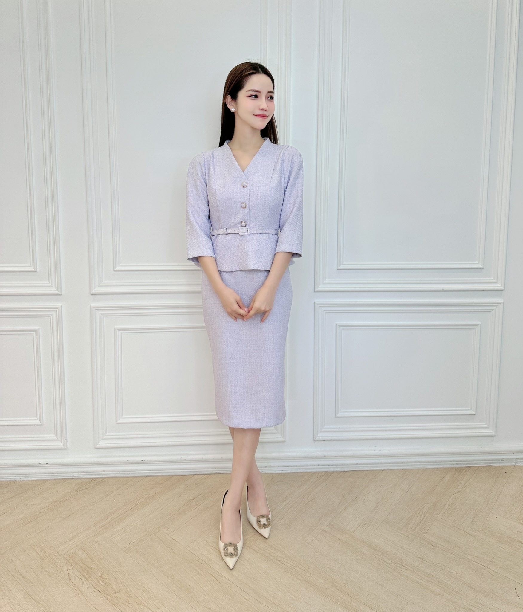 V領織紋腰帶荷葉洋