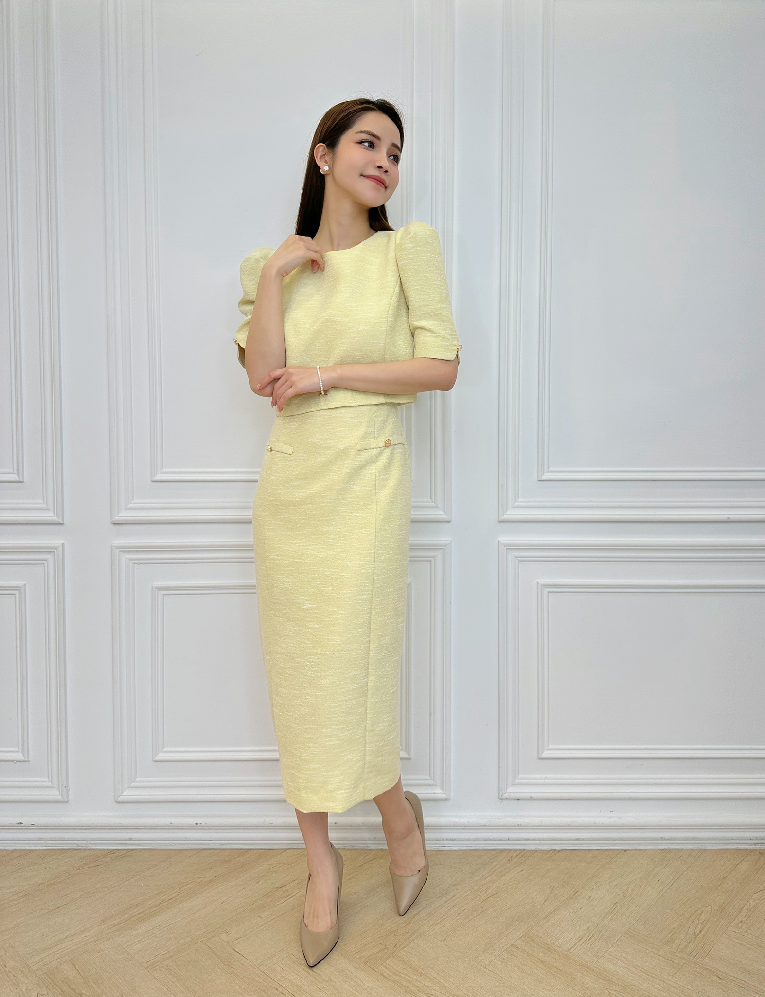 大澎袖織紋雙層洋裝