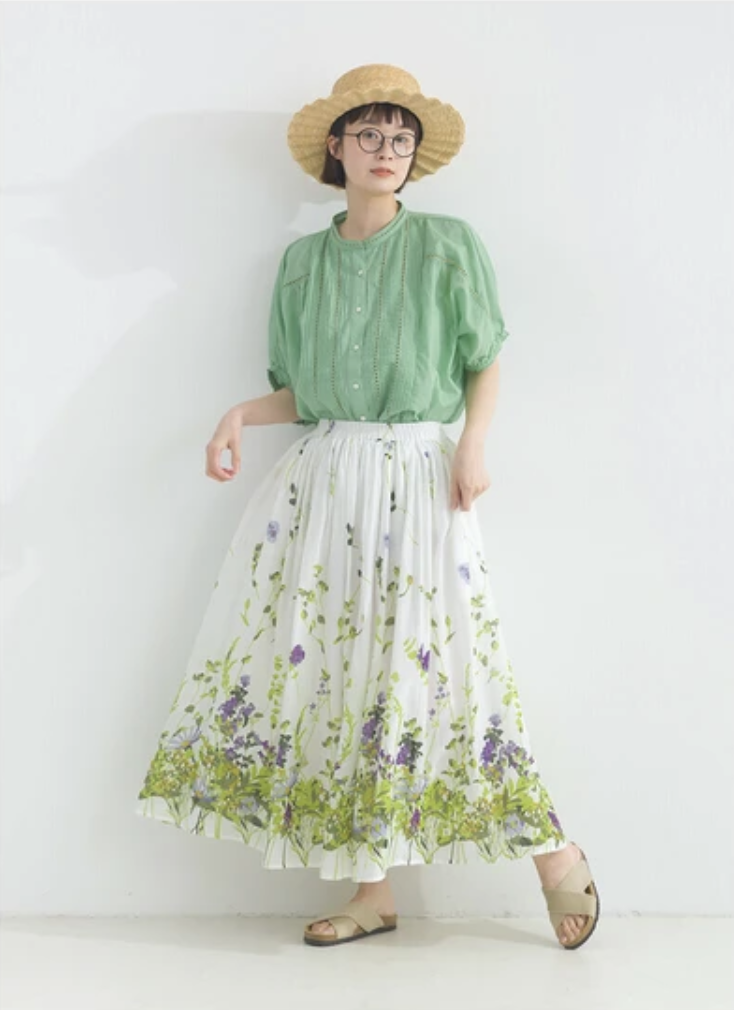 （Special Price）棉質巴里紗拼接花卉褶皺半身裙 【日本直送】