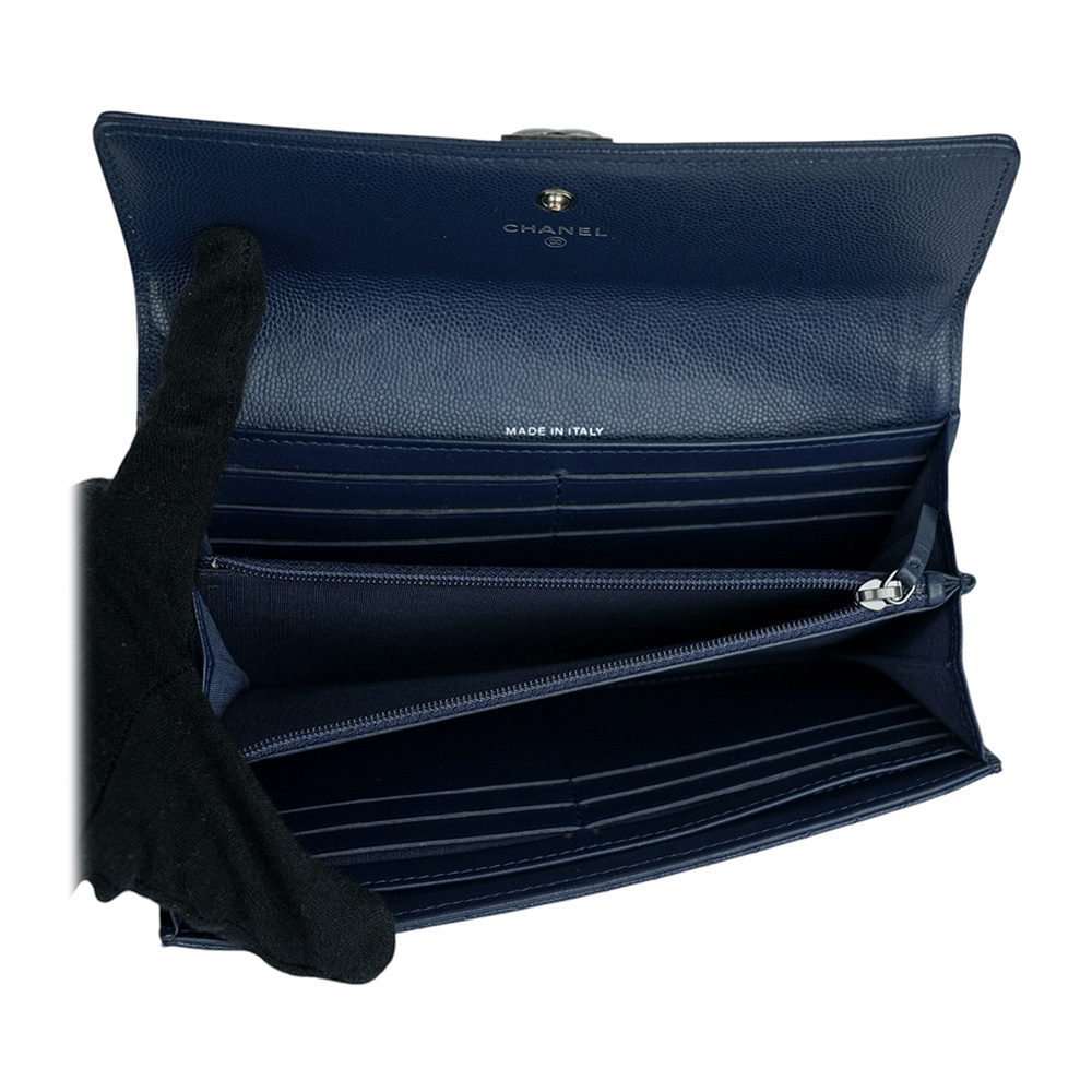 【CHANEL 】Boy Chanel 銀釦山形紋荔枝牛皮壓釦長夾(深藍色)A80286