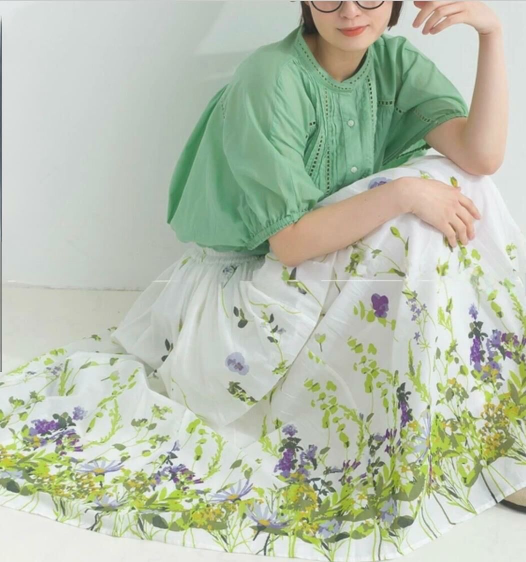 （Special Price）棉質巴里紗拼接花卉褶皺半身裙 【日本直送】