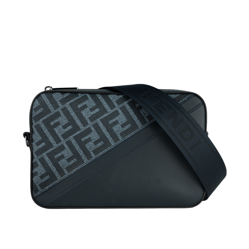 【FENDI】FF Logo 帆布拼牛皮相機斜背包(牛仔藍) 7M0286 ASIC F1O97