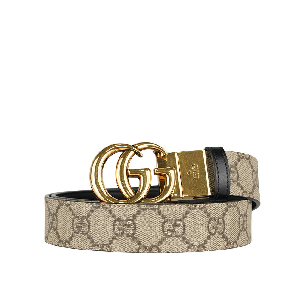 【GUCCI】金色GG Logo 帆布及皮革雙面可用皮帶 75cm