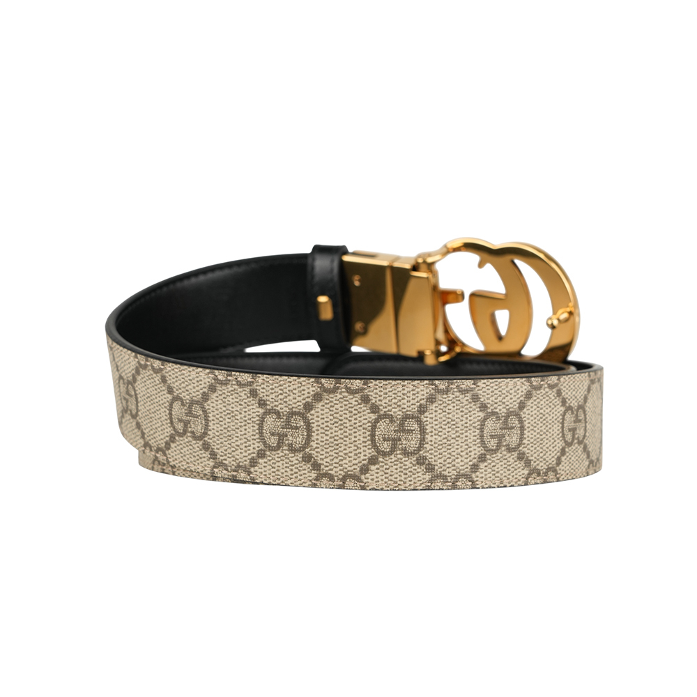 GUCCI】金色GG Logo 帆布及皮革雙面可用皮帶75cm(米色/黑色)