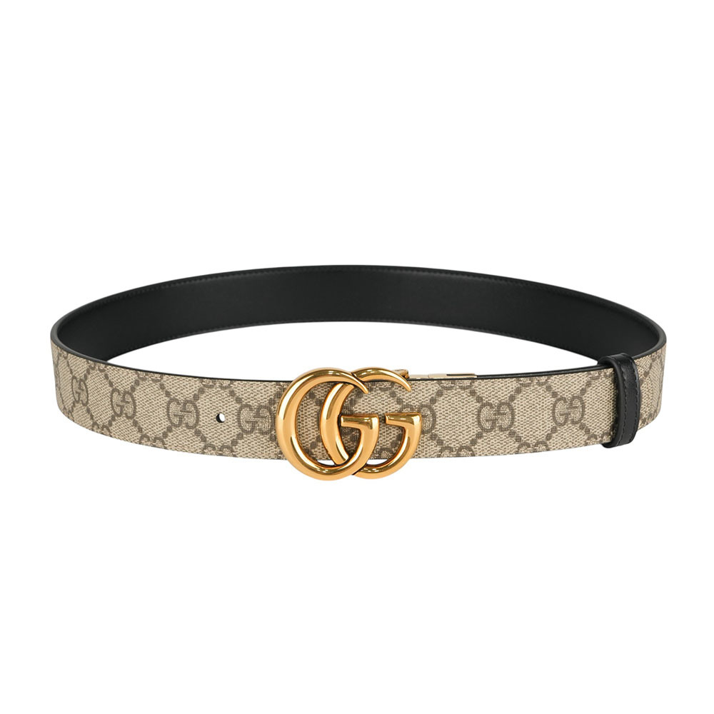 【GUCCI】金色GG Logo 帆布及皮革雙面可用皮帶 75cm(米色/黑色) 659417 92TIC 9769