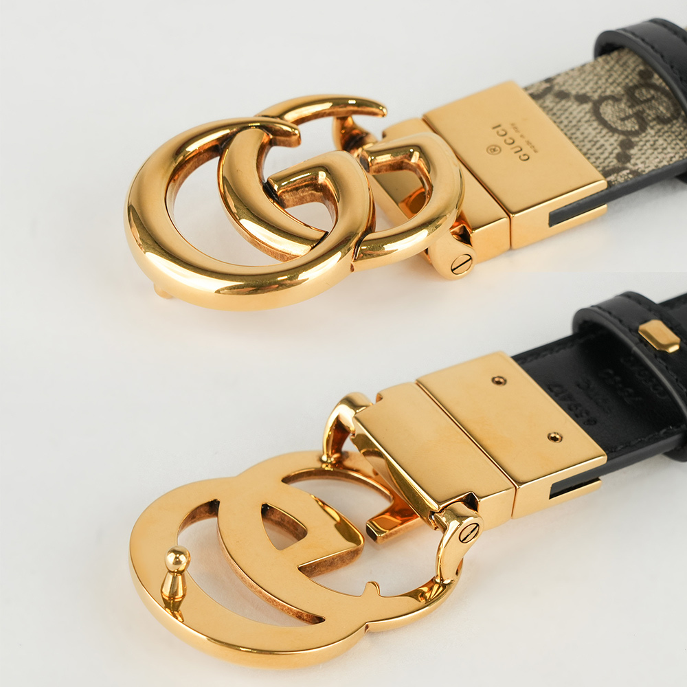 【GUCCI】金色GG Logo 帆布及皮革雙面可用皮帶 75cm(米色/黑色) 659417 92TIC 9769