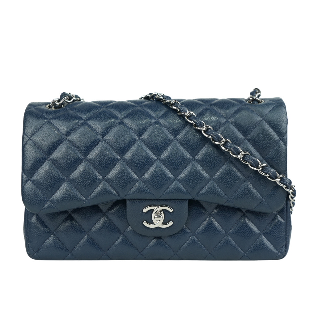 【CHANEL】荔枝牛皮雙蓋銀鍊JUMBO COCO(30CM)