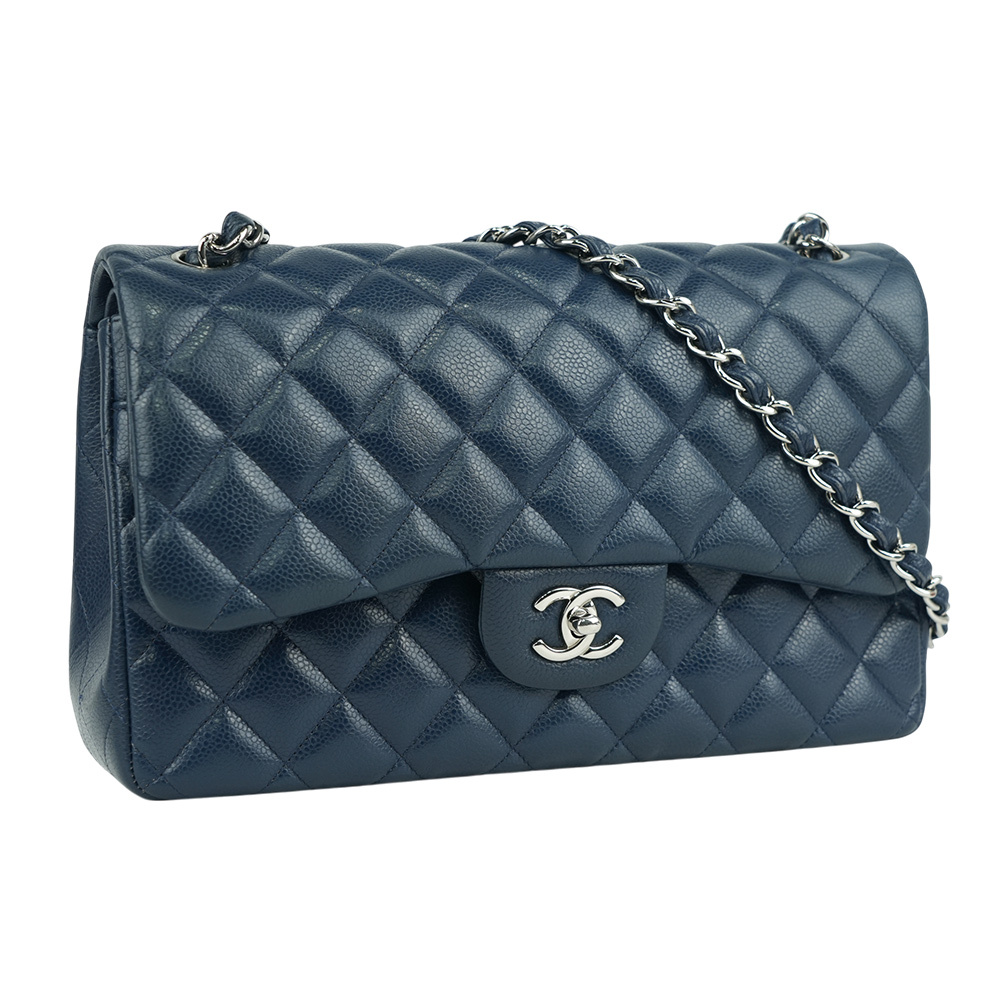 【CHANEL 】荔枝牛皮雙蓋銀鍊JUMBO COCO(30CM)(深藍色)A58600