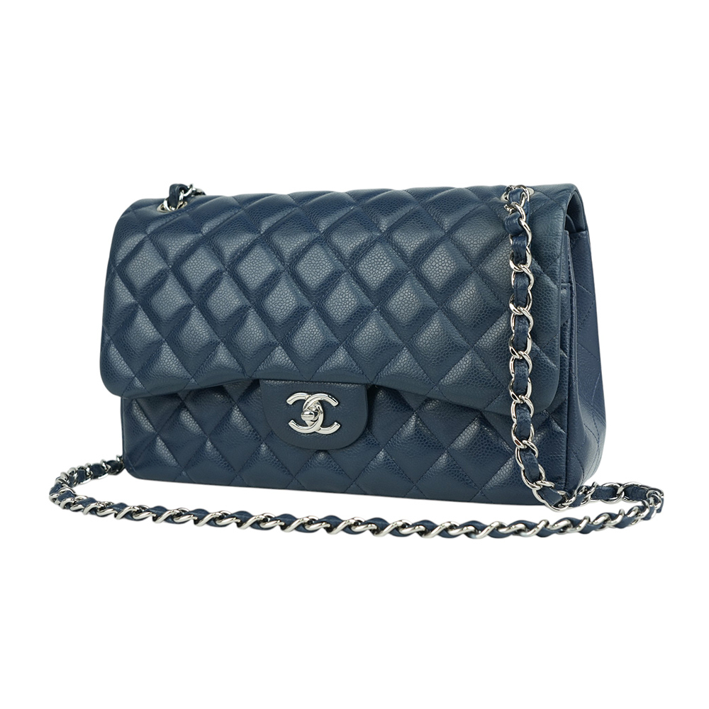 【CHANEL 】荔枝牛皮雙蓋銀鍊JUMBO COCO(30CM)(深藍色)A58600