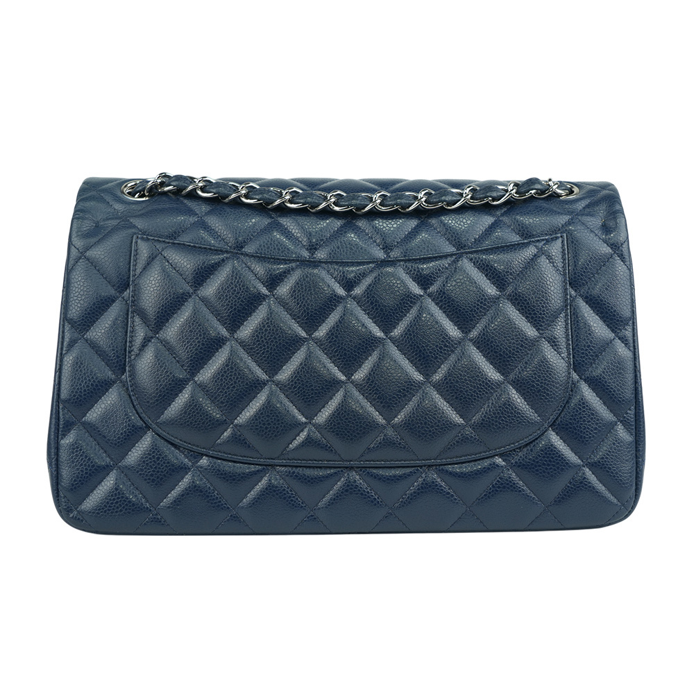 【CHANEL 】荔枝牛皮雙蓋銀鍊JUMBO COCO(30CM)(深藍色)A58600