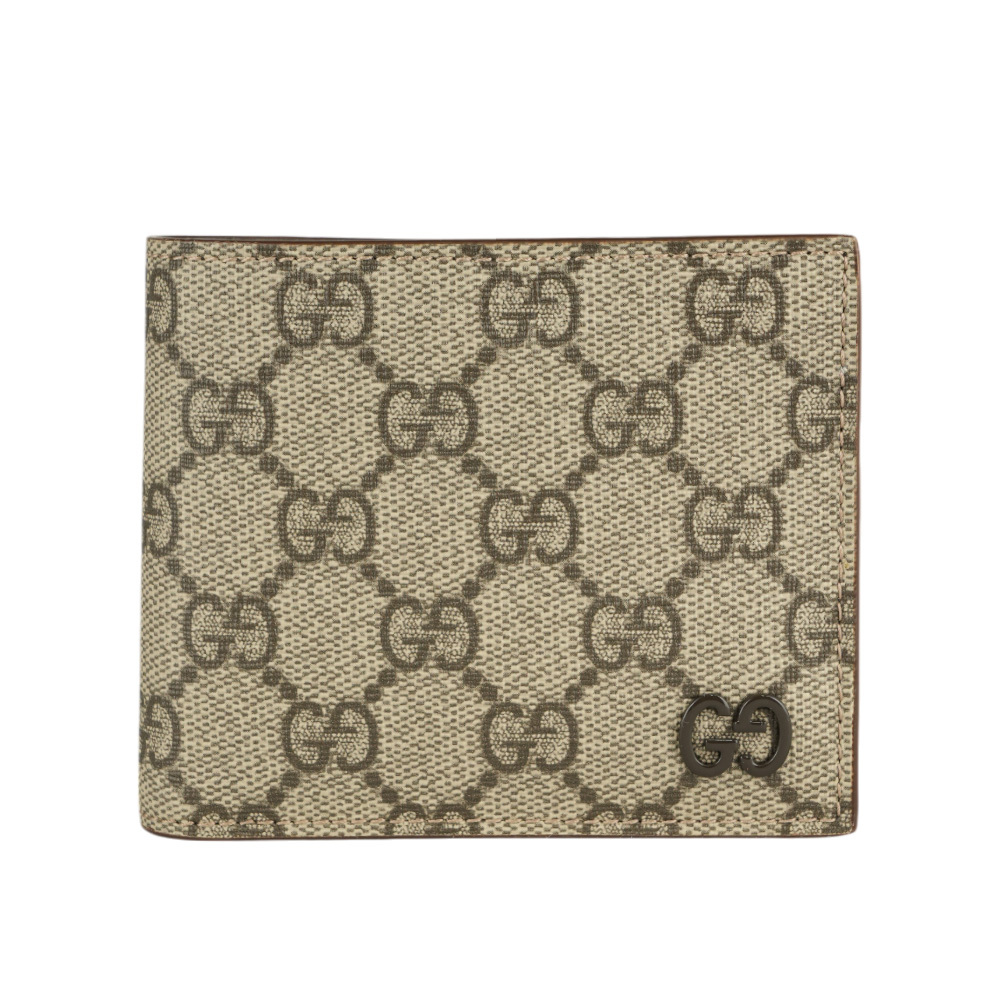 【GUCCI】棕色GG Logo 塗層帆布對開8卡短夾