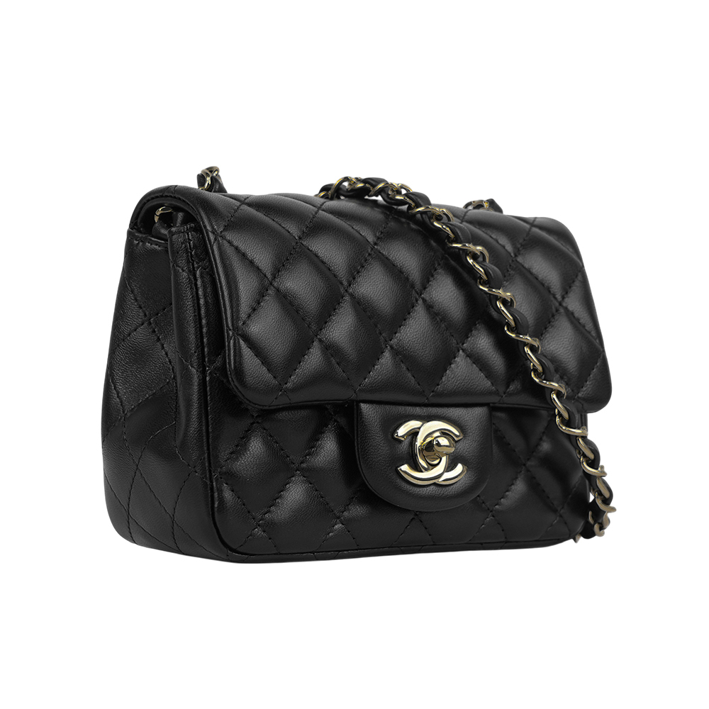 【CHANEL】金色CC Logo 菱格紋小羊皮迷你口蓋包/方胖包