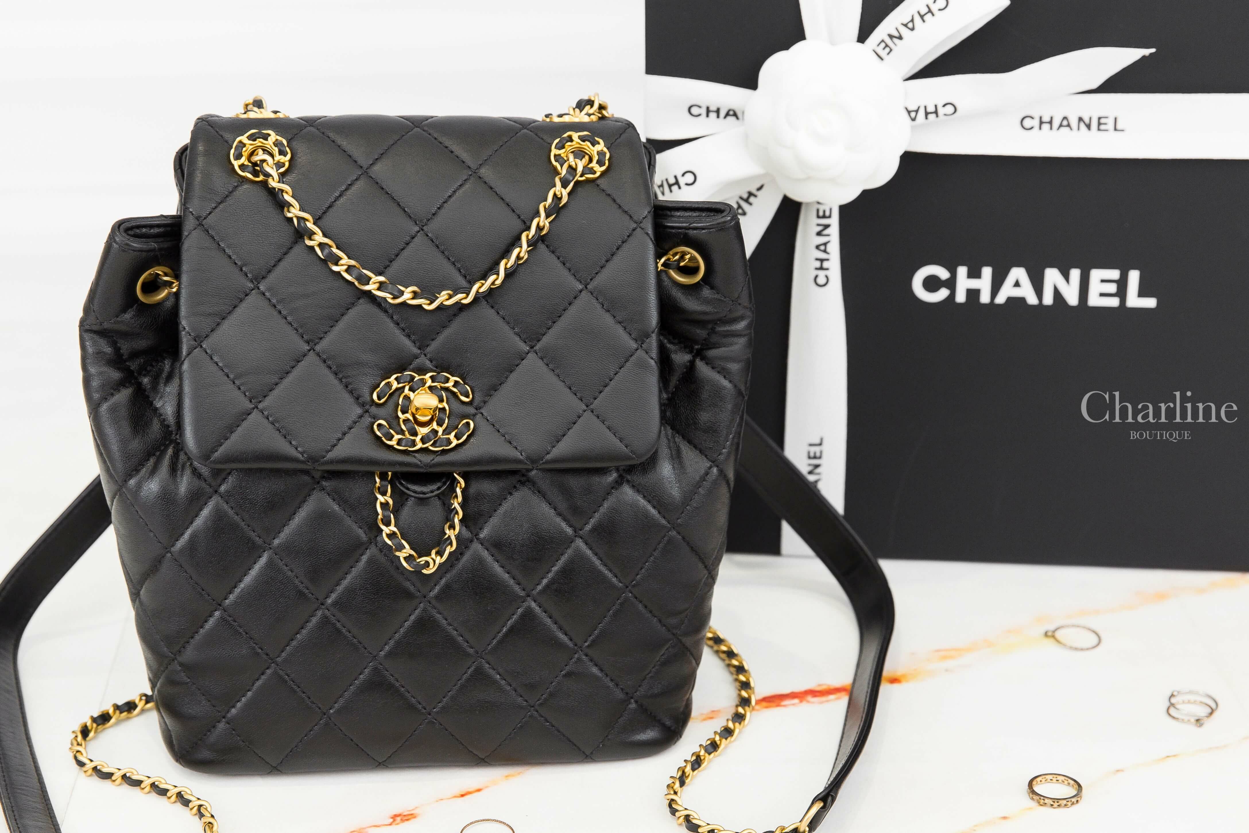Chanel Backpack 黑色金CC黑金皮穿鍊小羊皮菱格紋束口手提後背包-Charline Boutique 精品代購