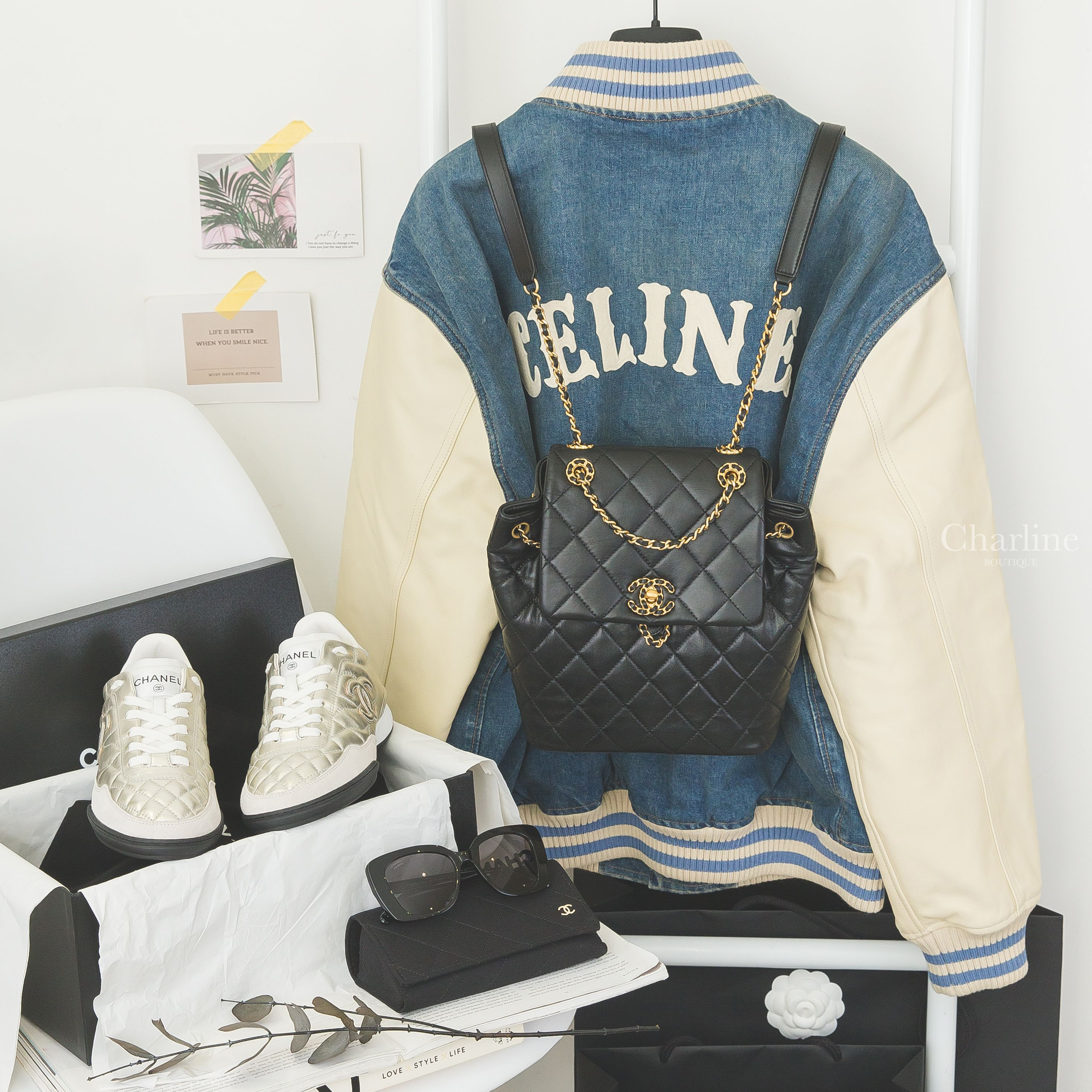 Celine 水洗丹寧藍棉質立體白色刺繡凱旋門線條拼米白皮革長袖外套,Chanel黑色方框側邊黑鑽太陽眼鏡,銀色銀CC菱格紋拼灰色麂皮/白色小牛皮黑底運動鞋,黑色金CC黑金皮穿鍊小羊皮菱格紋束口手提後背包-Charline Boutique 精品代購
